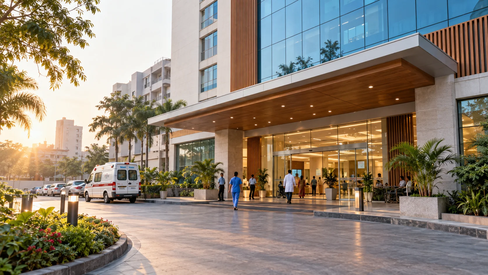 Hospital entrance at golden hour