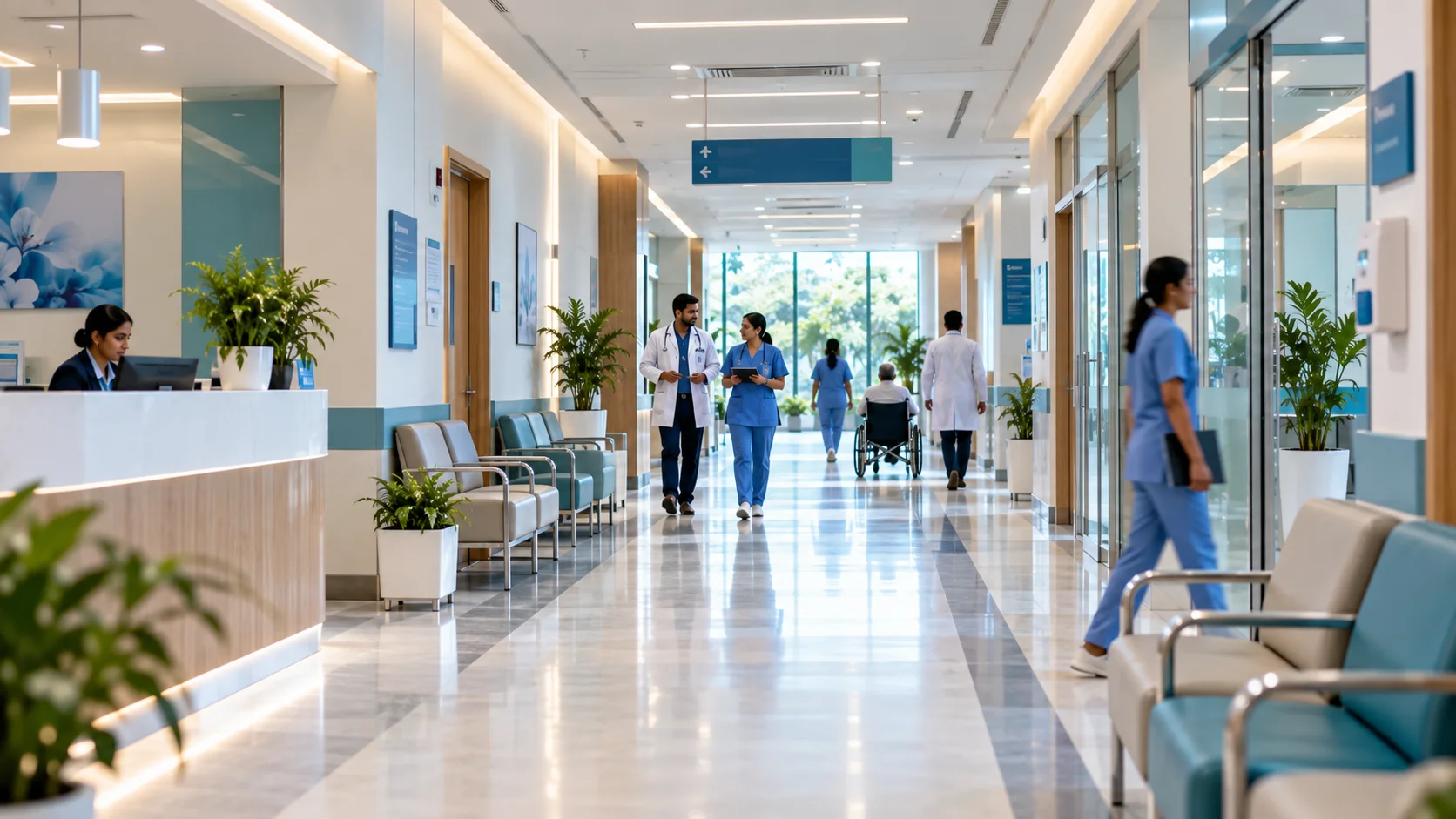 Modern hospital corridor with medical staff